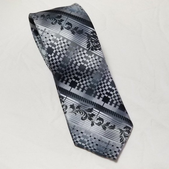 Vintage Stacy Adams Silver Gray Geometric Floral Tie Men's Classic Formal Neckti - Picture 2 of 8